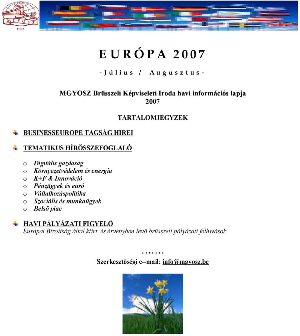 Pénzügyek és euró o Vállalkozáspolitika o Szociális és munkaügyek o Belső piac TARTALOMJEGYZEK HAVI PÁLYÁZATI