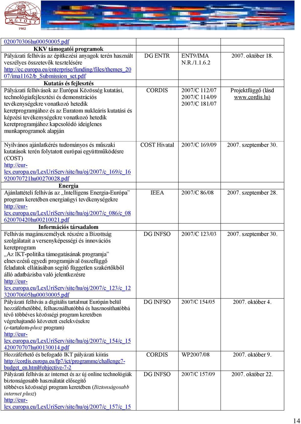 pdf Kutatás és fejlesztés Pályázati felhívások az Európai Közösség kutatási, technológiafejlesztési és demonstrációs tevékenységekre vonatkozó hetedik keretprogramjához és az Euratom nukleáris