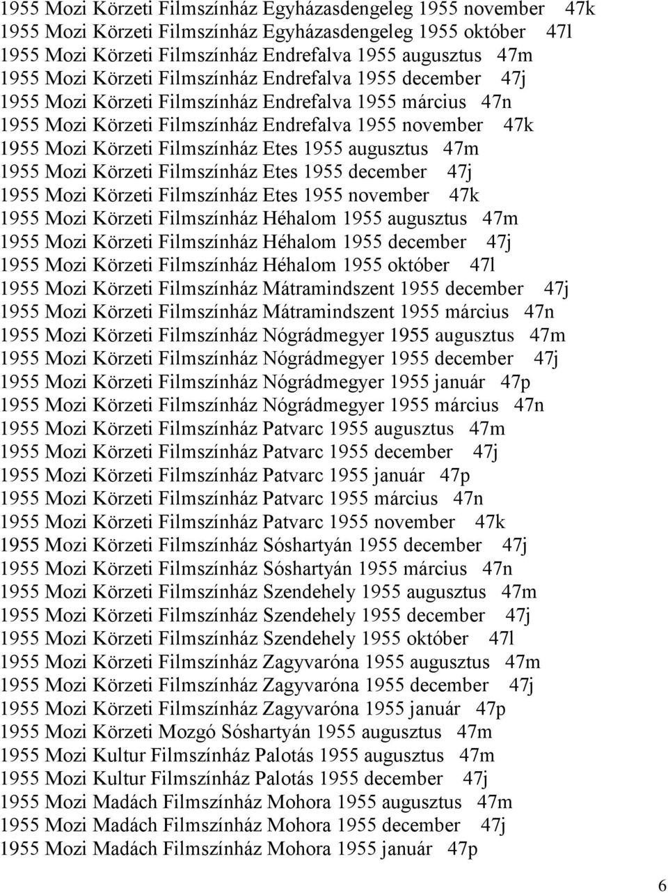 Etes 1955 augusztus 47m 1955 Mozi Körzeti Filmszínház Etes 1955 december 47j 1955 Mozi Körzeti Filmszínház Etes 1955 november 47k 1955 Mozi Körzeti Filmszínház Héhalom 1955 augusztus 47m 1955 Mozi