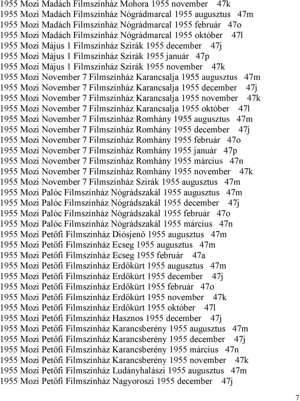 november 47k 1955 Mozi November 7 Filmszínház Karancsalja 1955 augusztus 47m 1955 Mozi November 7 Filmszínház Karancsalja 1955 december 47j 1955 Mozi November 7 Filmszínház Karancsalja 1955 november