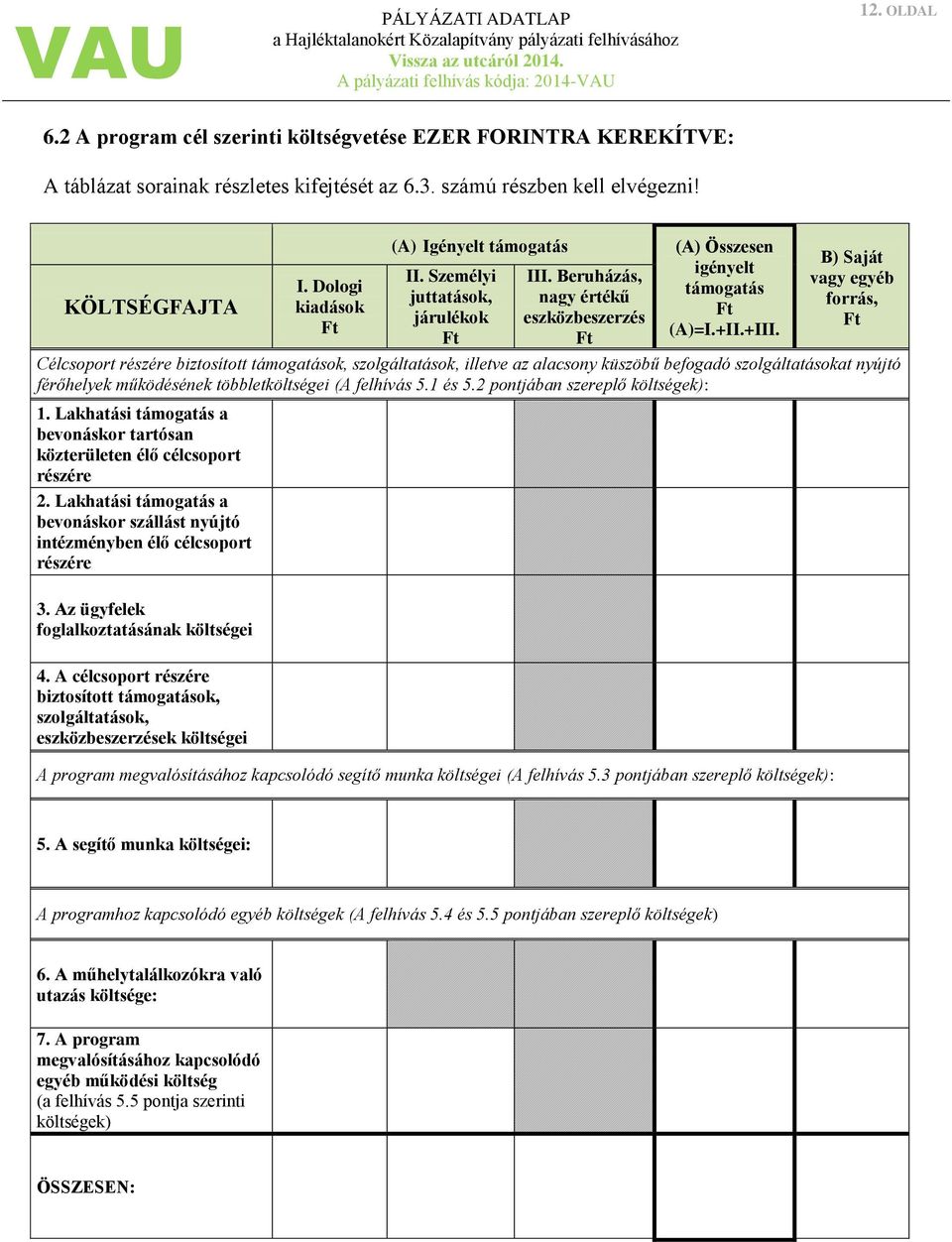 B) Saját vagy egyéb forrás, Célcsoport részére biztosított támogatások, szolgáltatások, illetve az alacsony küszöbű befogadó szolgáltatásokat nyújtó férőhelyek működésének többletköltségei (A