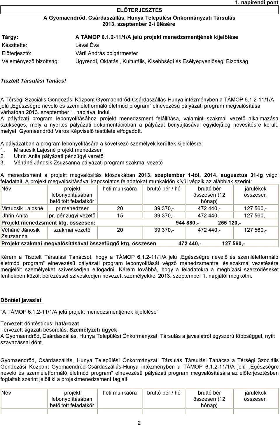 A Térségi Szociális Gondozási Központ Gyomaendrőd-Csárdaszállás-Hunya intézményben a TÁMOP 6.1.