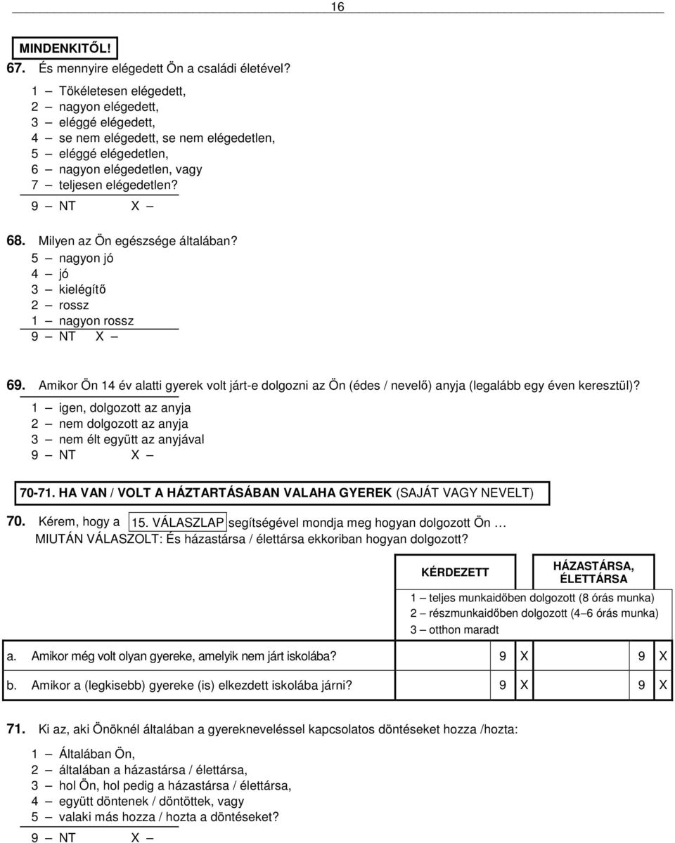 Milyen az Ön egészsége általában? 5 nagyon jó 4 jó 3 kielégítı 2 rossz 1 nagyon rossz 69. Amikor Ön 14 év alatti gyerek volt járt-e dolgozni az Ön (édes / nevelı) anyja (legalább egy éven keresztül)?