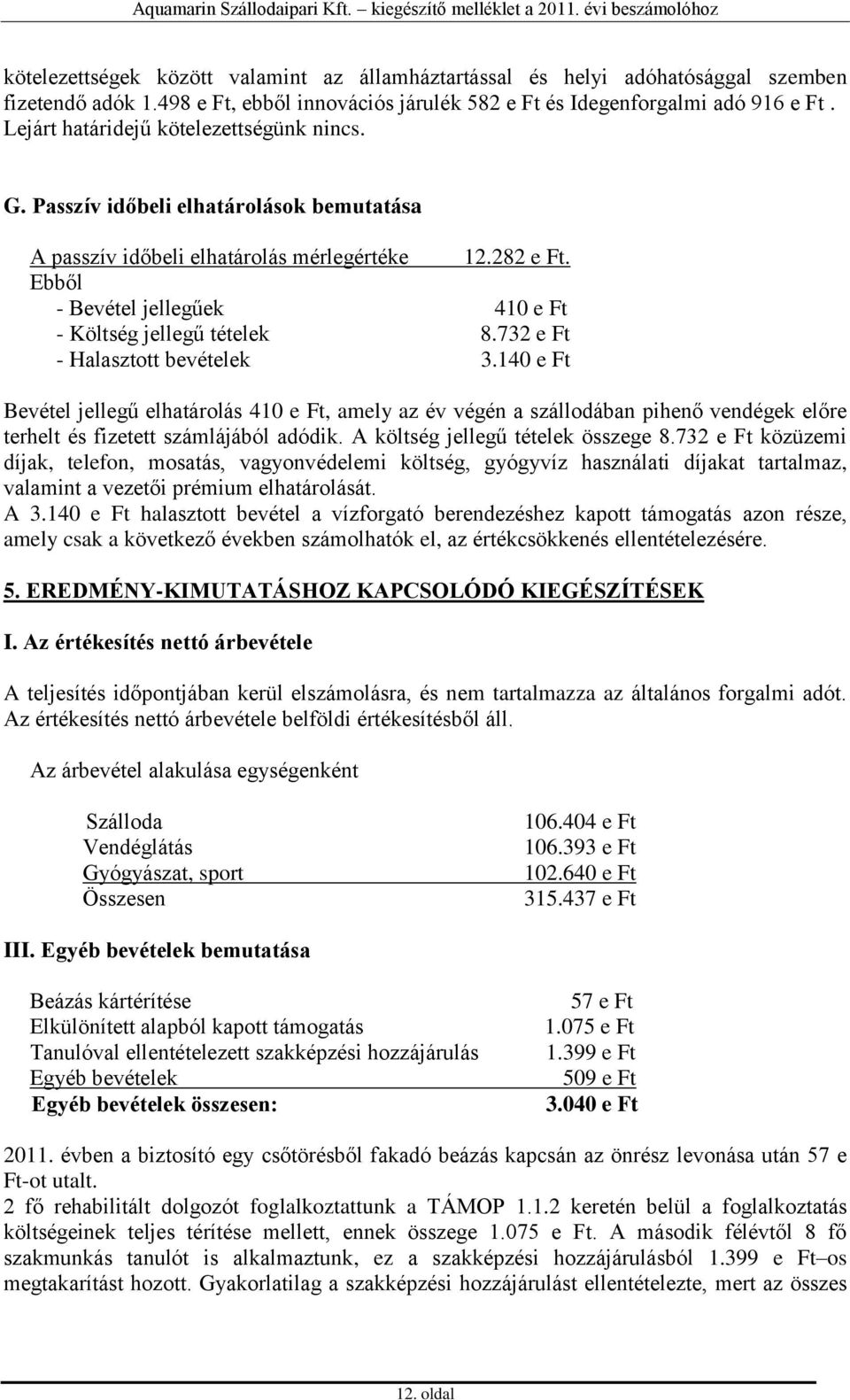 Ebből - Bevétel jellegűek 410 e Ft - Költség jellegű tételek 8.732 e Ft - Halasztott bevételek 3.