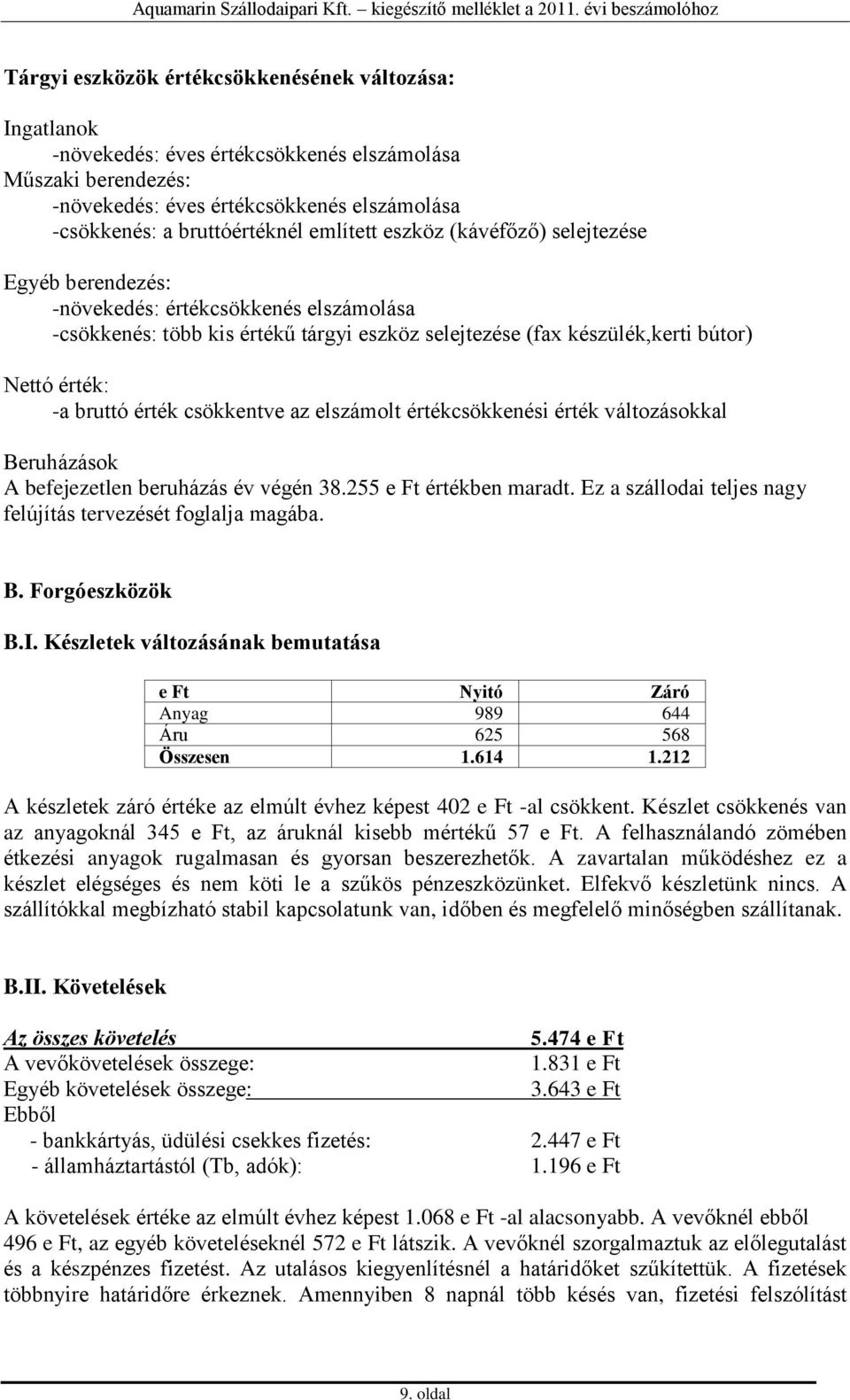 érték csökkentve az elszámolt értékcsökkenési érték változásokkal Beruházások A befejezetlen beruházás év végén 38.255 e Ft értékben maradt.