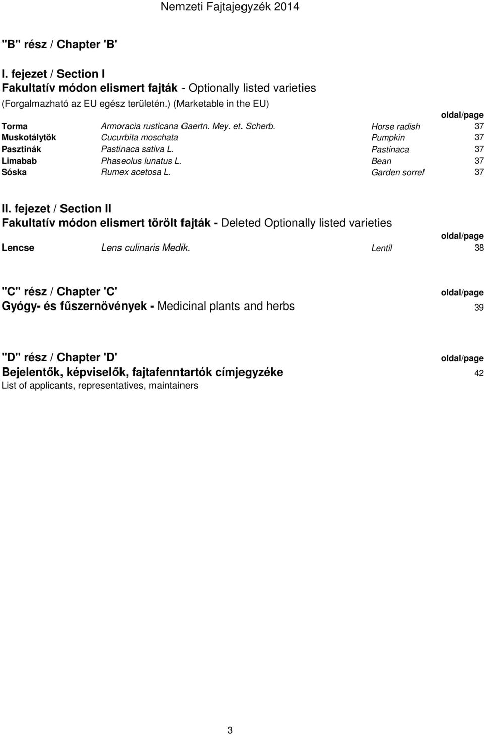 Pastinaca 37 Limabab Phaseolus lunatus L. Bean 37 Sóska Rumex acetosa L. Garden sorrel 37 II.