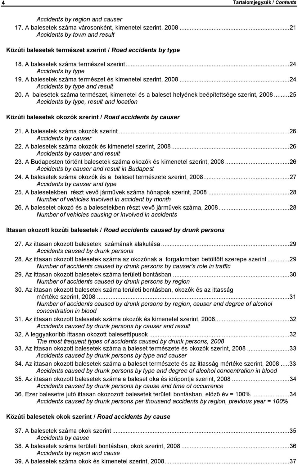 A balesetek száma természet és kimenetel szerint, 2008...24 Accidents by type and result 20. A balesetek száma természet, kimenetel és a baleset helyének beépítettsége szerint, 2008.