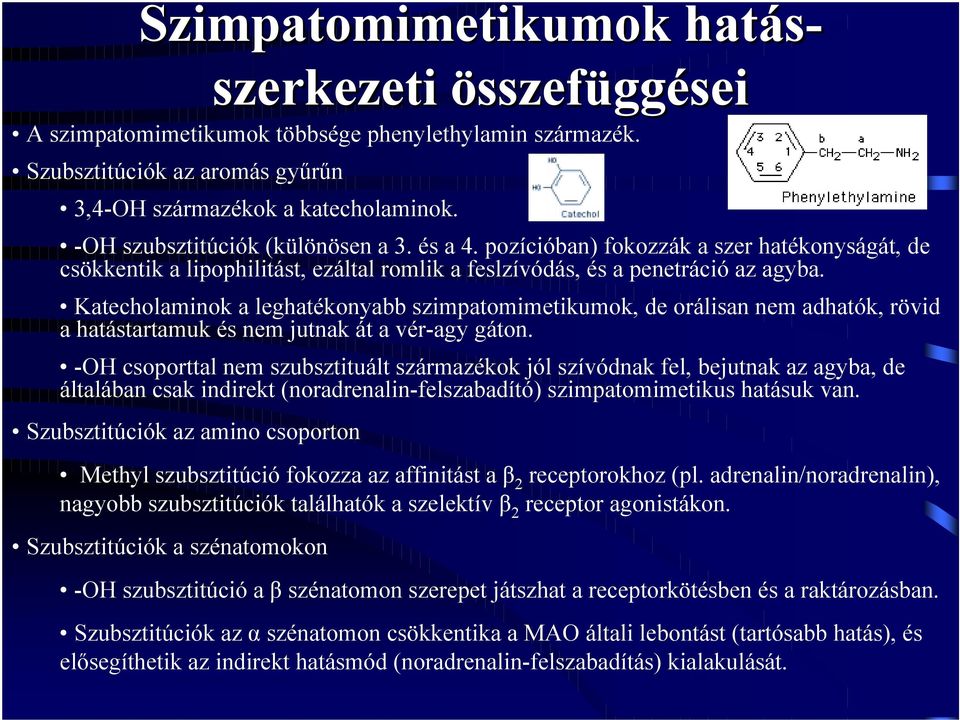 Katecholaminok a leghatékonyabb szimpatomimetikumok, de orálisan nem adhatók, rövid a hatástartamuk és nem jutnak át a vér-agy gáton.