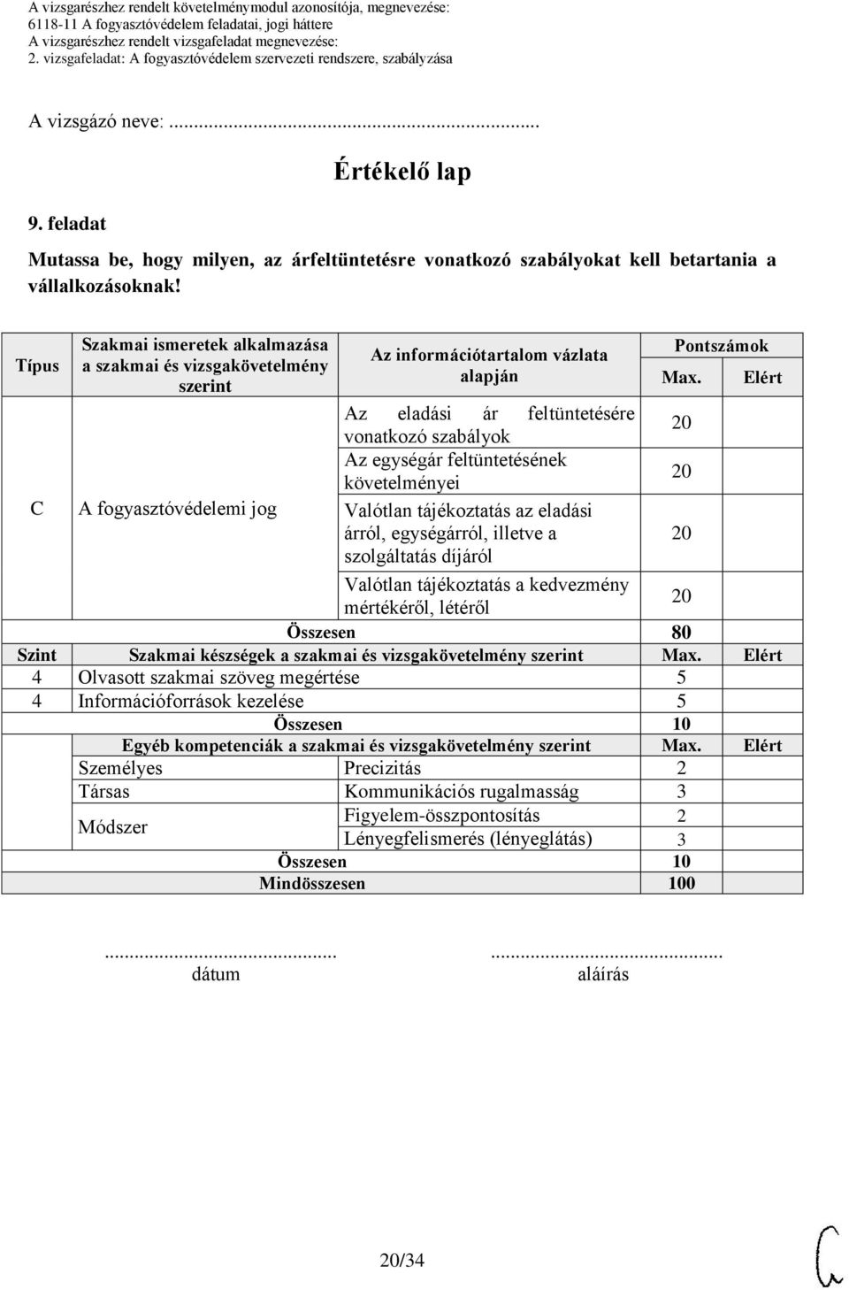 feltüntetésének követelményei Valótlan tájékoztatás az eladási árról, egységárról, illetve a szolgáltatás díjáról Pontszámok Max.