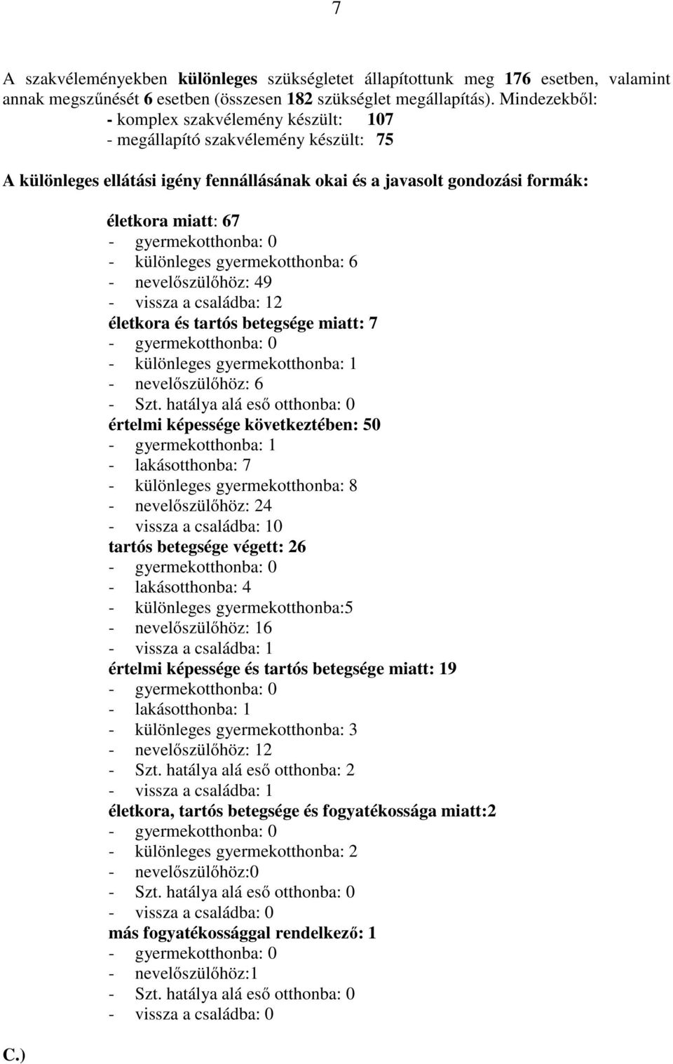 ) életkora miatt: 67 - különleges gyermekotthonba: 6 - nevelőszülőhöz: 49 - vissza a családba: 12 életkora és tartós betegsége miatt: 7 - különleges gyermekotthonba: 1 - nevelőszülőhöz: 6 - Szt.