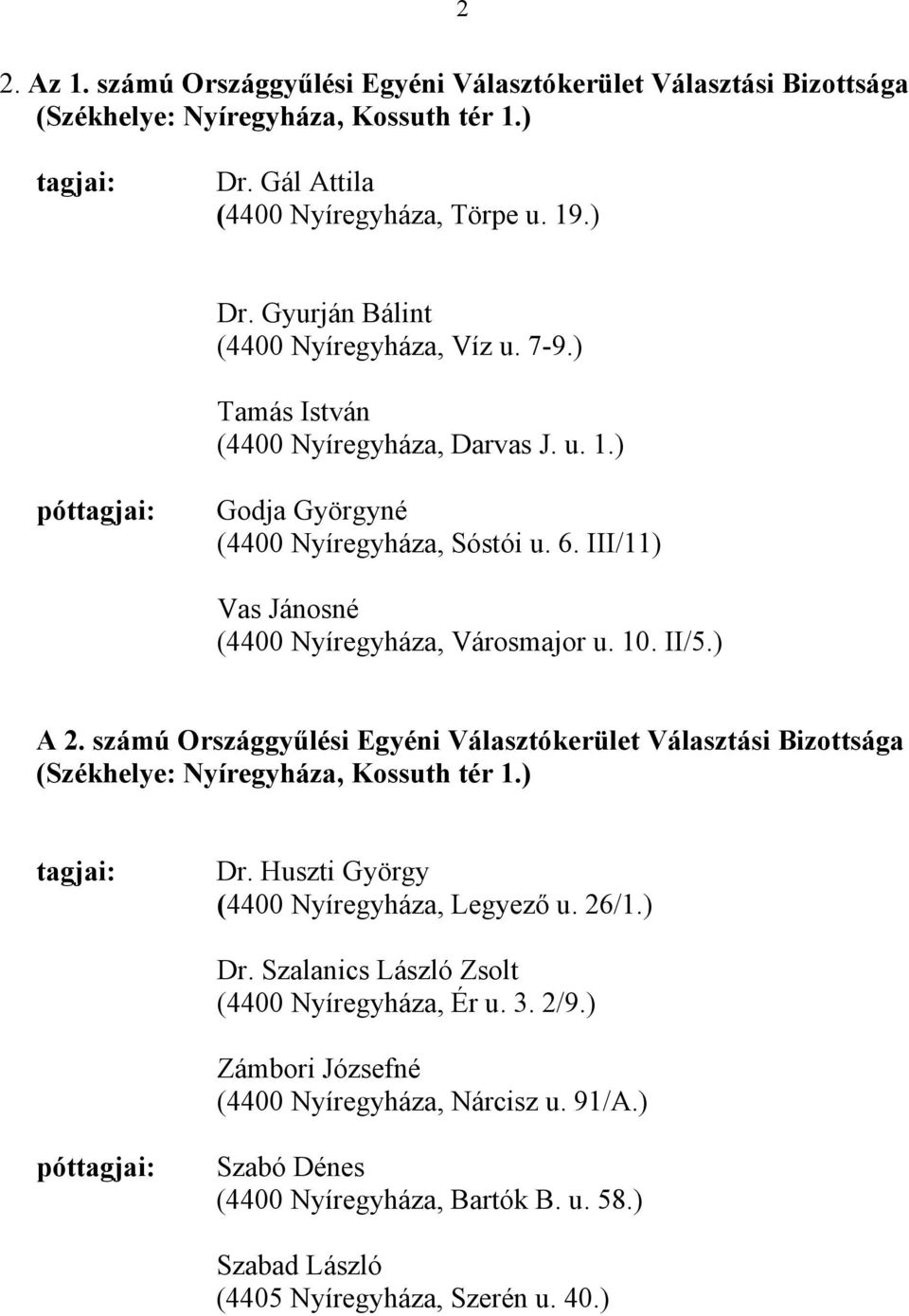 számú Országgyűlési Egyéni Választókerület Választási Bizottsága (Székhelye: Nyíregyháza, Kossuth tér 1.) Dr. Huszti György (4400 Nyíregyháza, Legyező u. 26/1.) Dr. Szalanics László Zsolt (4400 Nyíregyháza, Ér u.