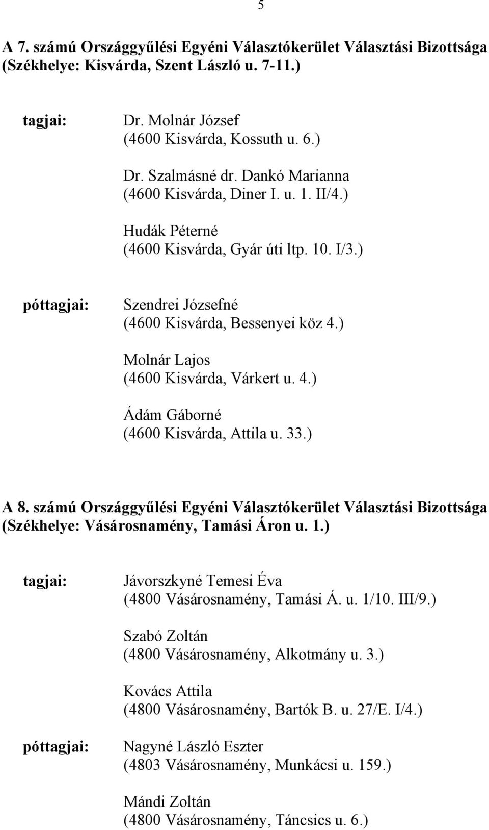 ) Molnár Lajos (4600 Kisvárda, Várkert u. 4.) Ádám Gáborné (4600 Kisvárda, Attila u. 33.) A 8.