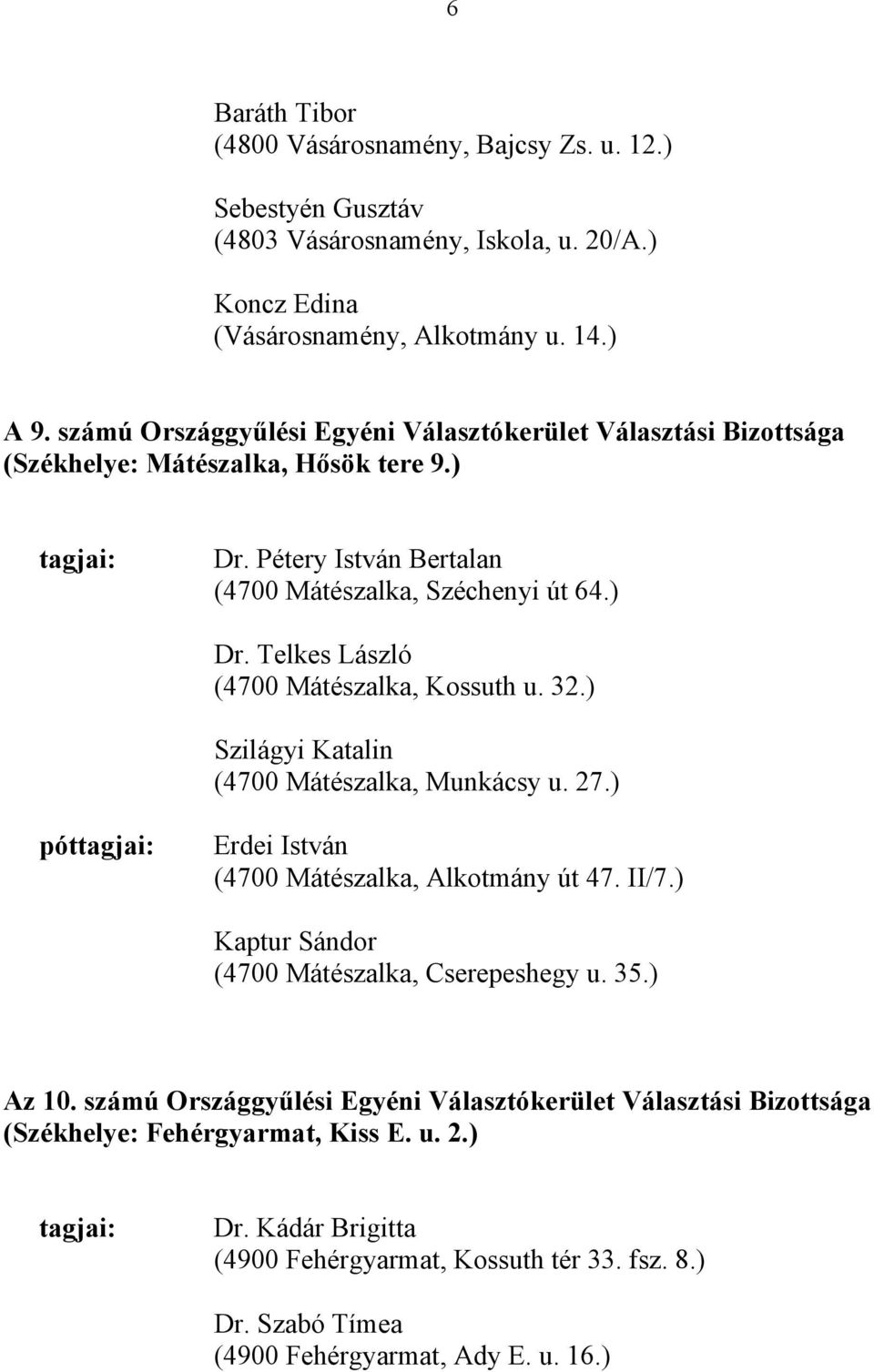 32.) Szilágyi Katalin (4700 Mátészalka, Munkácsy u. 27.) pót Erdei István (4700 Mátészalka, Alkotmány út 47. II/7.) Kaptur Sándor (4700 Mátészalka, Cserepeshegy u. 35.) Az 10.