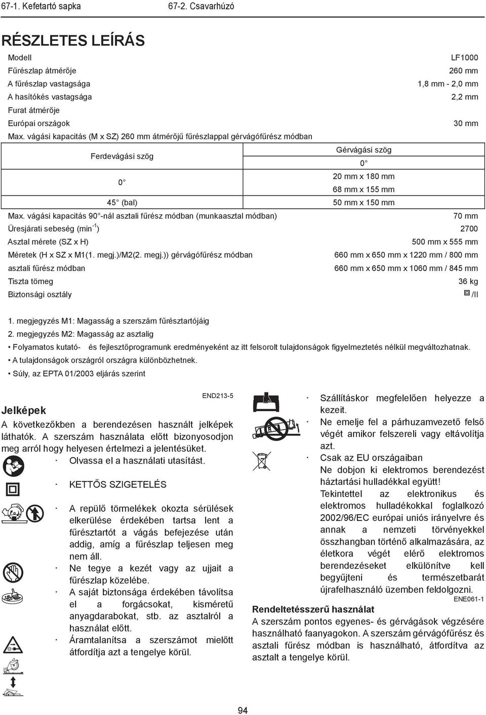 vágási kapacitás 90 -nál asztali f rész módban (munkaasztal módban) 70 mm Üresjárati sebeség (min - ) 700 Asztal mérete (SZ x H) 500 mm x 555 mm Méretek (H x SZ x M(. megj.