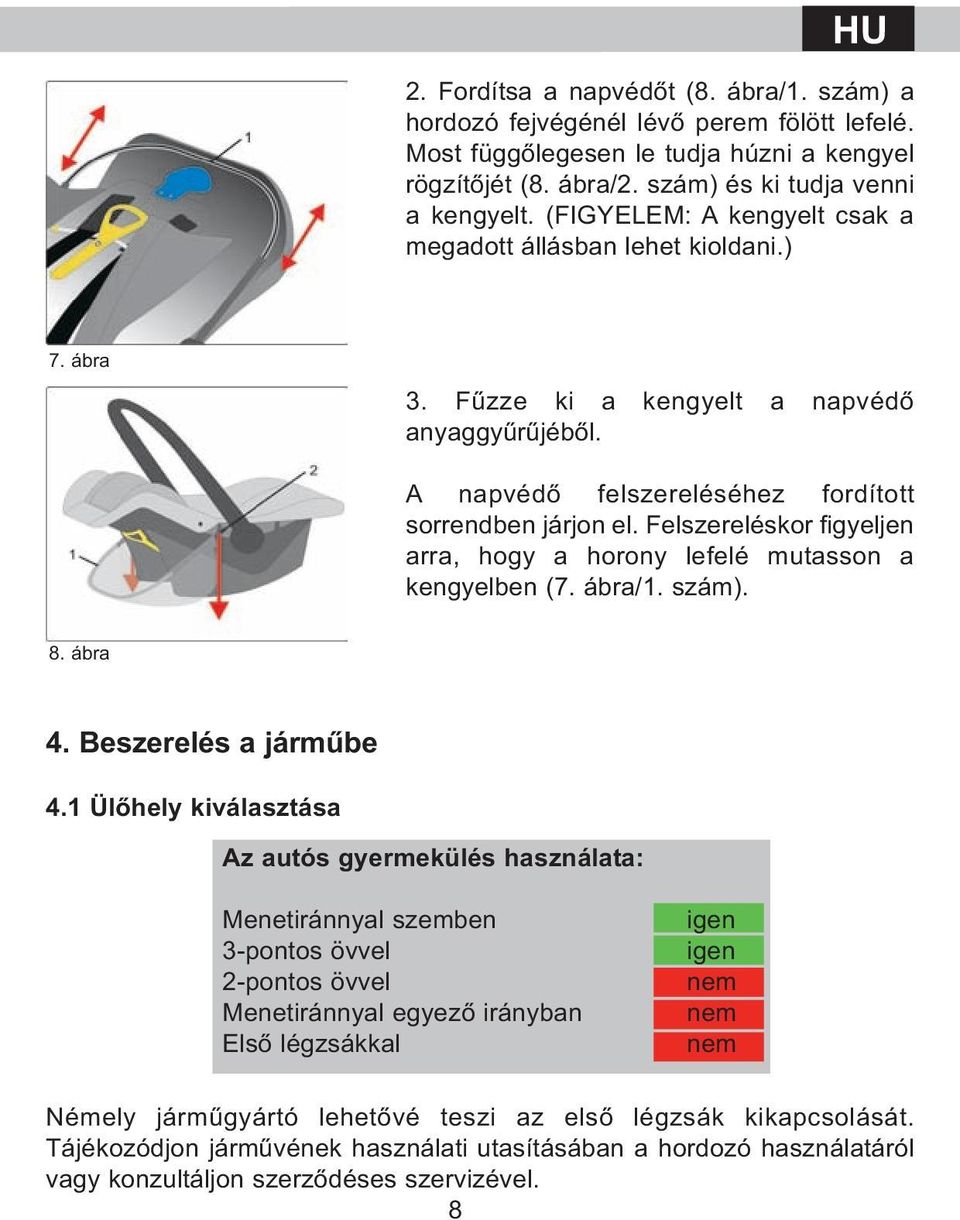 Felszereléskor figyeljen arra, hogy a horony lefelé mutasson a kengyelben (7. ábra/1. szám). 8. ábra 4. Beszerelés a járműbe 4.