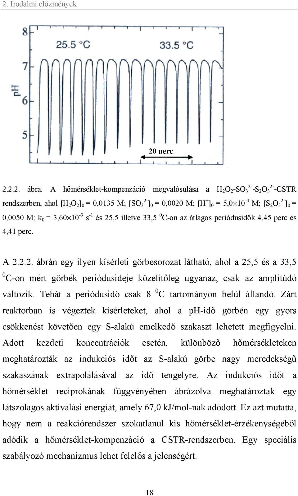 3,60 10-3 s -1 és 25,5 illetve 33,5 0 C-on az átlagos periódusidők 4,45 perc és 4,41 perc. A 2.2.2. ábrán egy ilyen kísérleti görbesorozat látható, ahol a 25,5 és a 33,5 0 C-on mért görbék periódusideje közelítőleg ugyanaz, csak az amplitúdó változik.