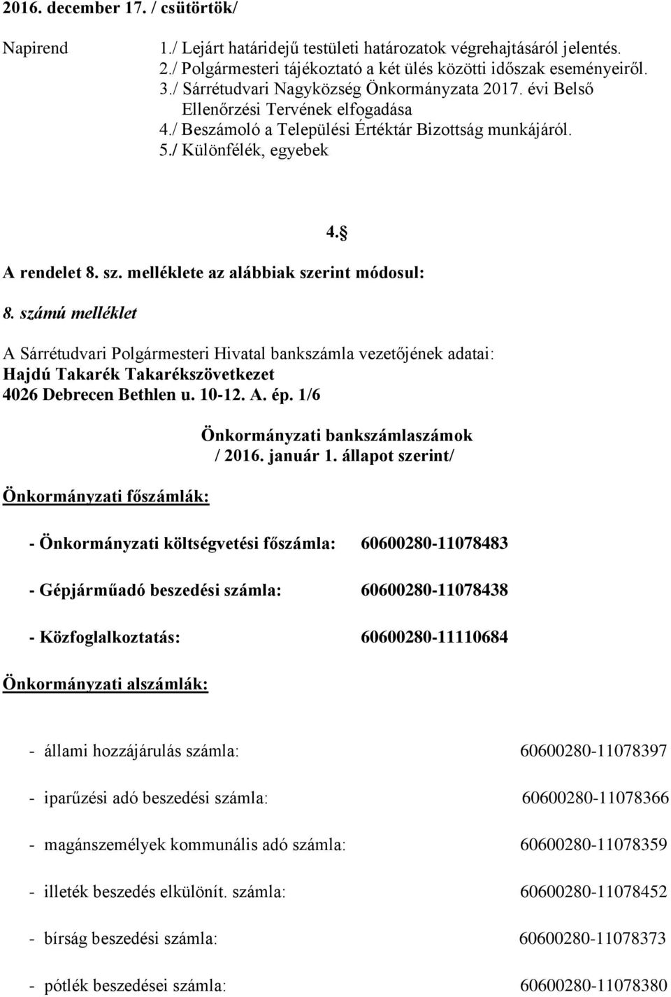 melléklete az alábbiak szerint módosul: 8. számú melléklet A Sárrétudvari Polgármesteri Hivatal bankszámla vezetőjének adatai: Hajdú Takarék Takarékszövetkezet 4026 Debrecen Bethlen u. 10-12. A. ép.