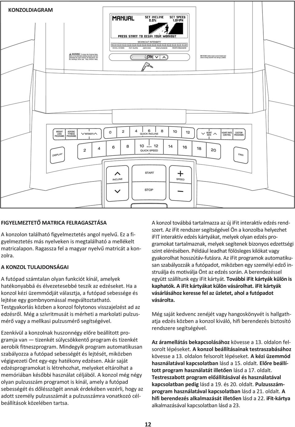 Ha a konzol kézi üzemmódját választja, a futópad sebessége és lejtése egy gombnyomással megváltoztatható. Testgyakorlás közben a konzol folytonos visszajelzést ad az edzésről.