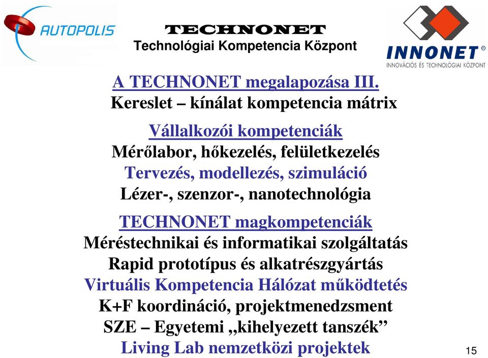 szimuláció Lézer-, szenzor-, nanotechnológia TECHNONET magkompetenciák Méréstechnikai és informatikai szolgáltatás