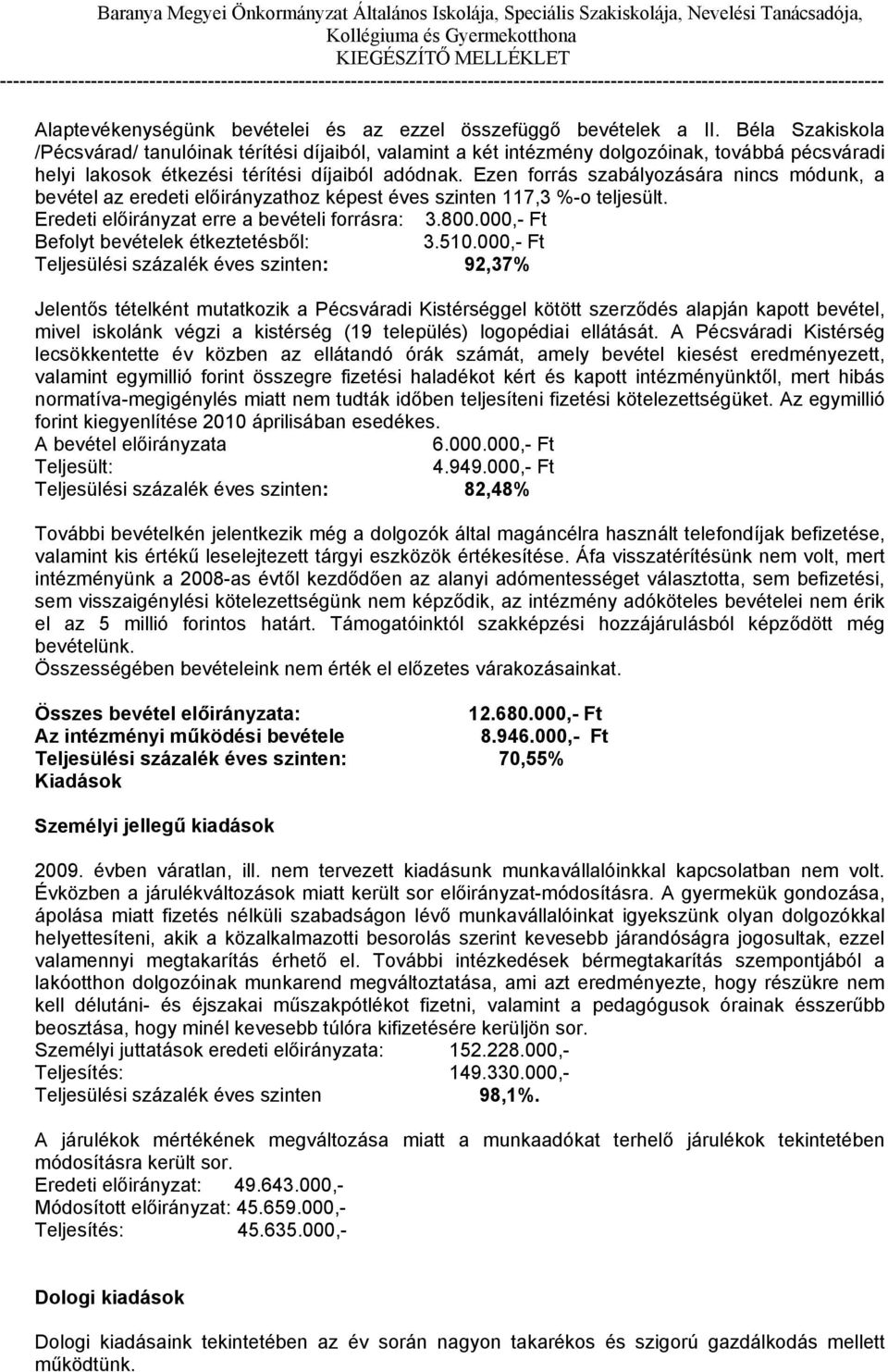 Ezen forrás szabályozására nincs módunk, a bevétel az eredeti előirányzathoz képest éves szinten 117,3 %-o teljesült. Eredeti előirányzat erre a bevételi forrásra: 3.800.