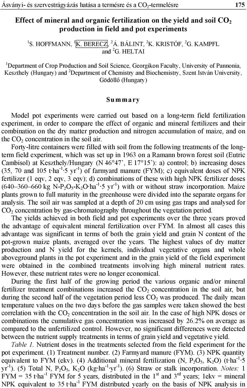 HELTAI 1 Department of Crop Production and Soil Science, Georgikon Faculty, University of Pannonia, Keszthely (Hungary) and 2 Department of Chemistry and Biochemistry, Szent István University,