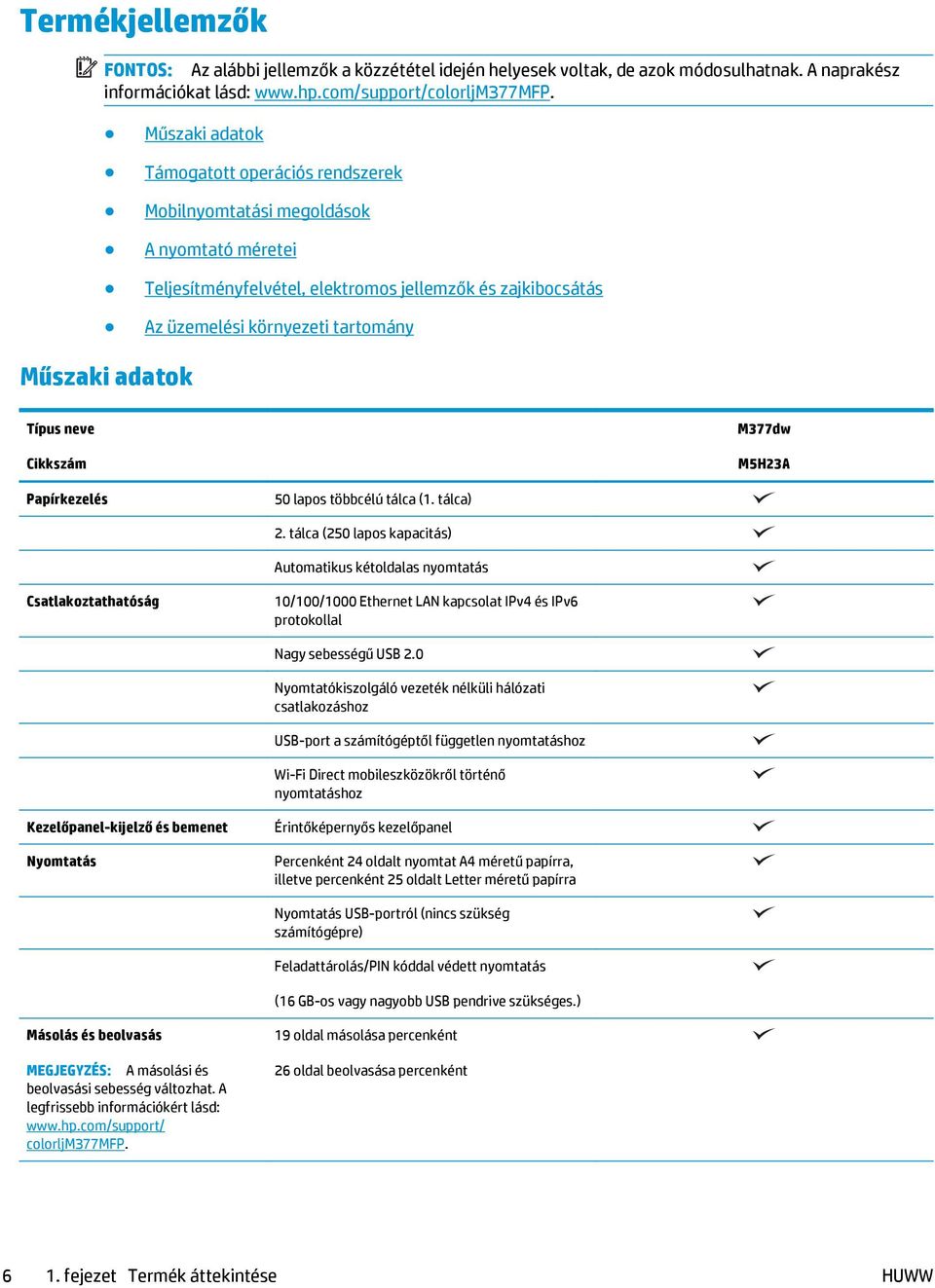 adatok Típus neve Cikkszám M377dw M5H23A Papírkezelés 50 lapos többcélú tálca (1. tálca) 2.