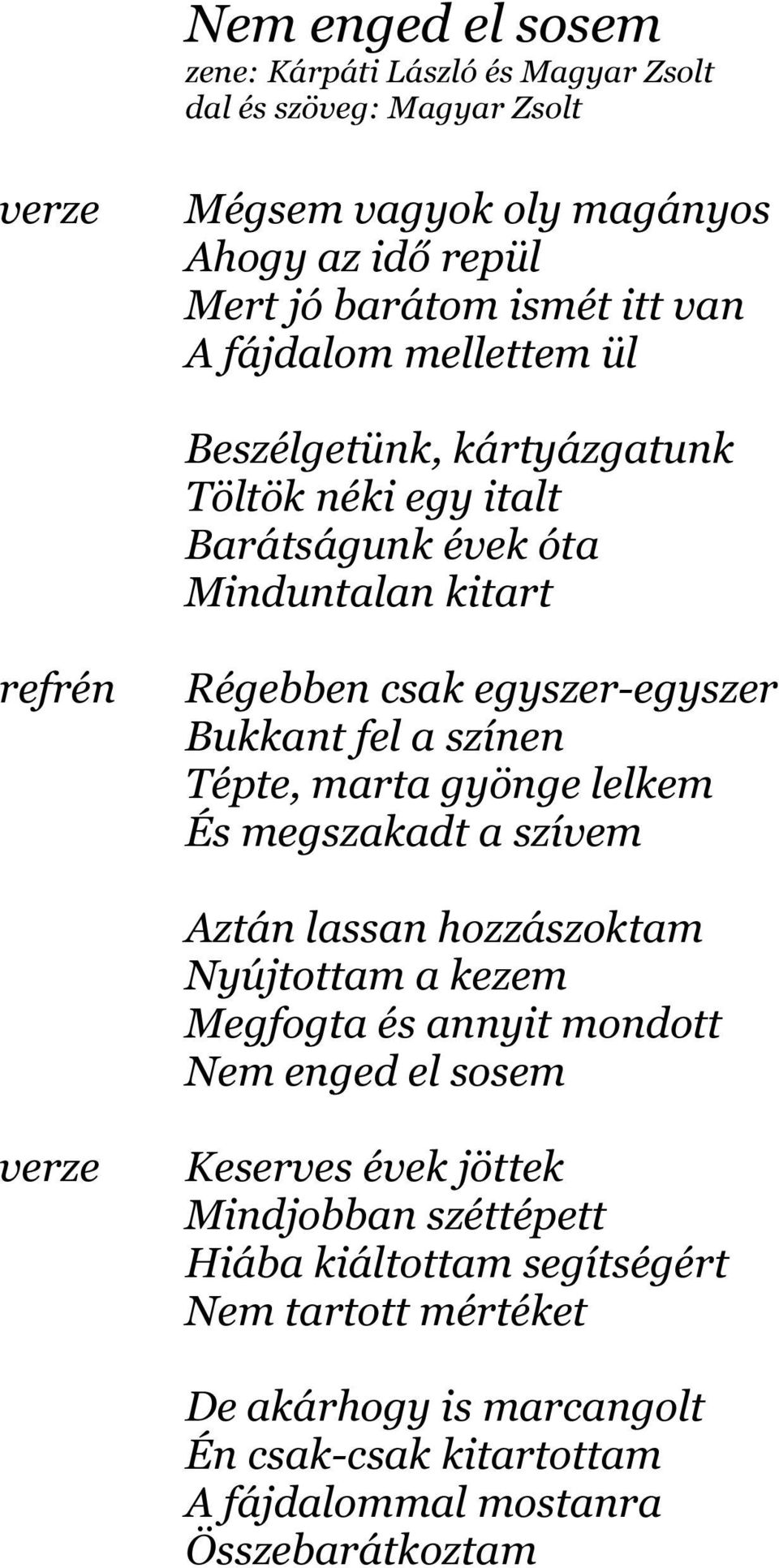 gyönge lelkem És megszakadt a szívem Aztán lassan hozzászoktam Nyújtottam a kezem Megfogta és annyit mondott Nem enged el sosem Keserves évek jöttek