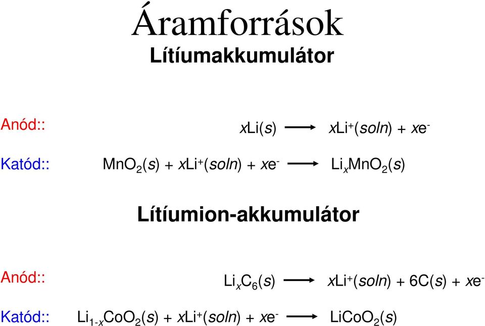 Lítíumion-akkumulátor Anód:: Katód:: Li x C 6 (s) Li 1-x CoO