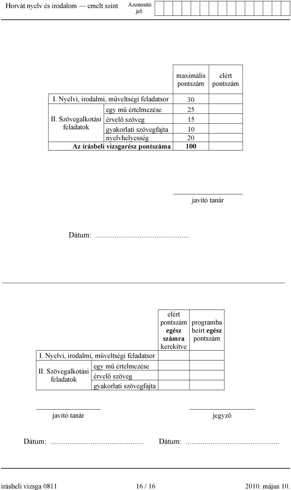 tanár Dátum:... I. Nyelvi, irodalmi, műveltségi feladatsor II.