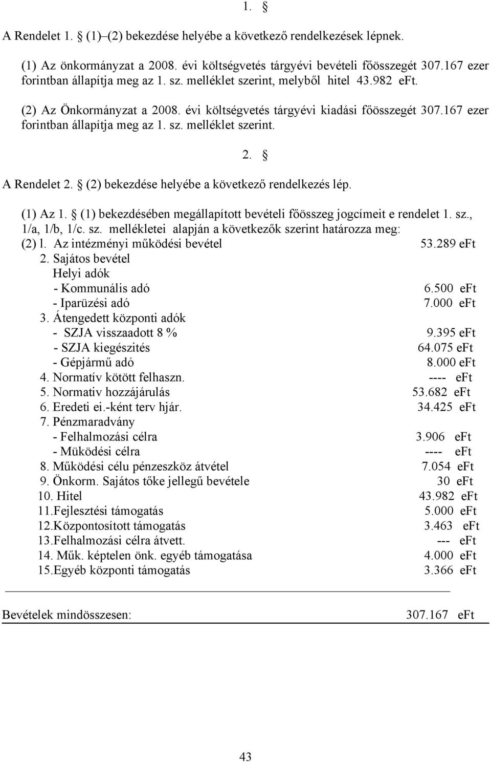 (2) bekezdése helyébe a következő rendelkezés lép. (1) Az 1. (1) bekezdésében megállapított bevételi főösszeg jogcímeit e rendelet 1. sz., 1/a, 1/b, 1/c. sz. mellékletei alapján a következők szerint határozza meg: (2) l.