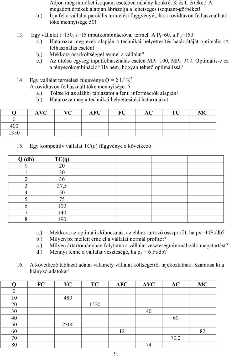 b.) Mekkora összköltséggel termel a vállalat? c.) Az utolsó egység inputfelhasználás esetén MP t =100, MP s =300. Optimális-e ez a tényezőkombináció? Ha nem, hogyan tehető optimálissá? 14.