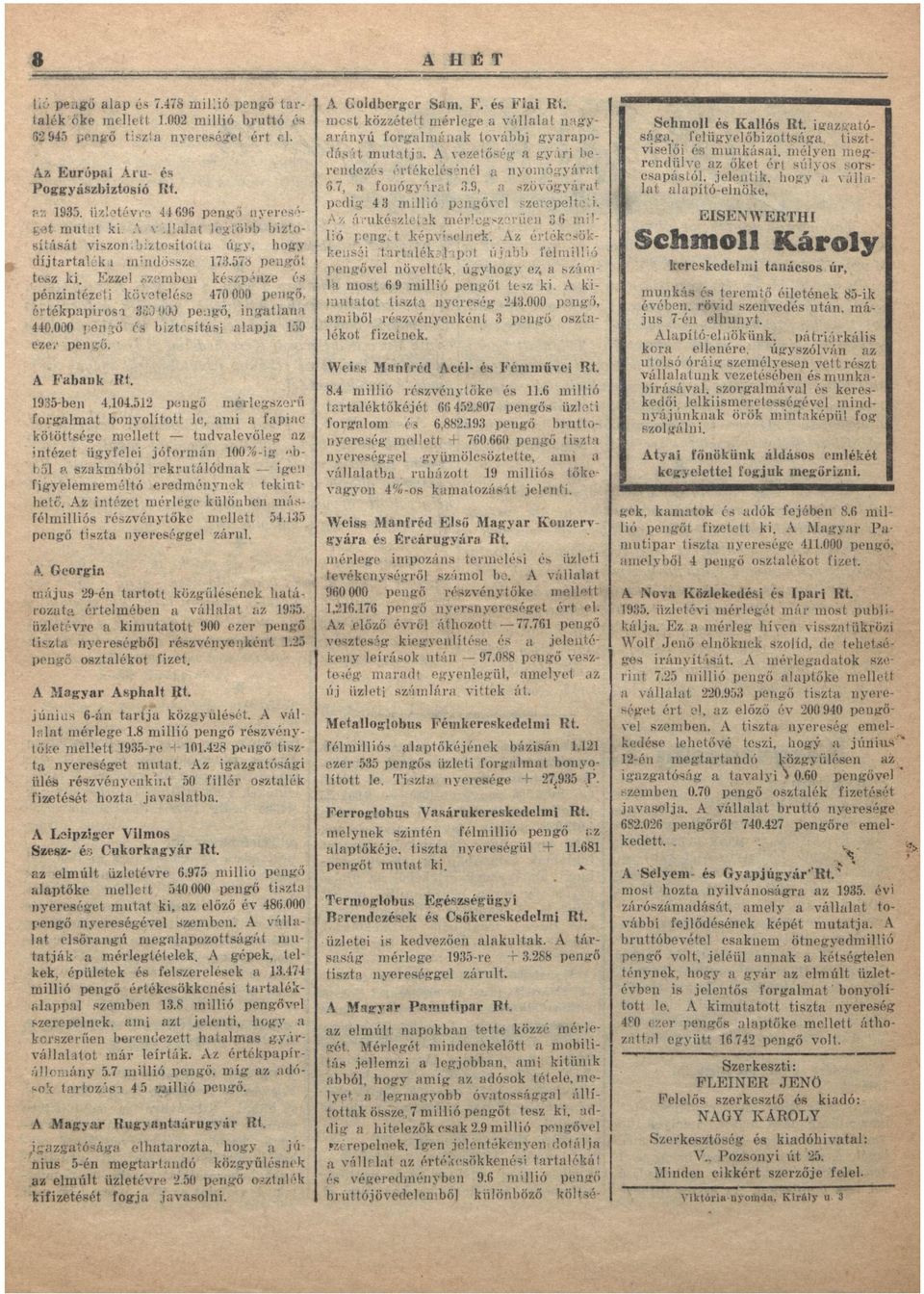 Ezzel szemben készpénze és pénzintézeti követelése 470 000 pengő, é r t é k p p i r o s 333003 pengő, i n g t l n 440.000 pengő cs biztosítási l p j 150 ezer pengő. A Fbnk Rt. 1935-ben 4,104.