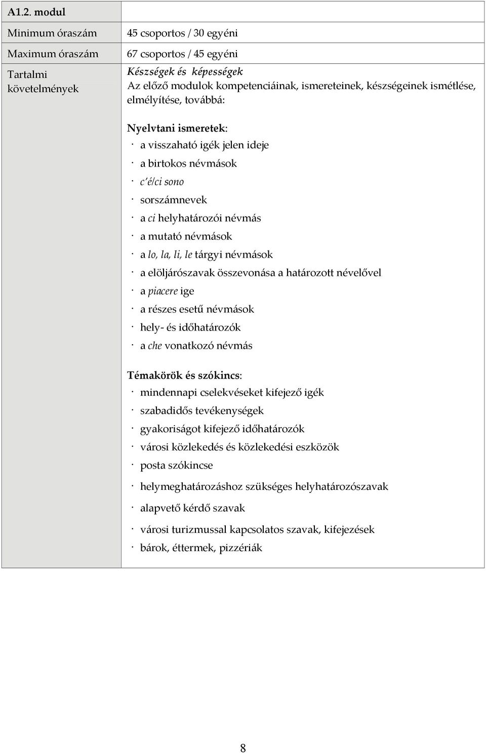 le tárgyi névmások a elöljárószavak összevonása a határozott névelővel a piacere ige a részes esetű névmások hely és időhatározók a che vonatkozó névmás Témakörök és szókincs: mindennapi