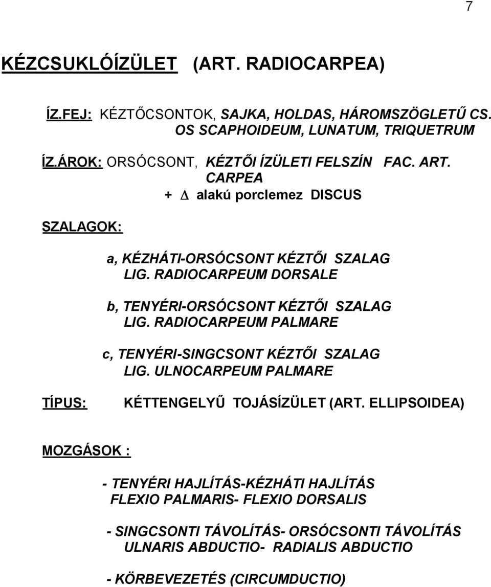 RADIOCARPEUM DORSALE b, TENYÉRI-ORSÓCSONT KÉZTŐI SZALAG LIG. RADIOCARPEUM PALMARE c, TENYÉRI-SINGCSONT KÉZTŐI SZALAG LIG.