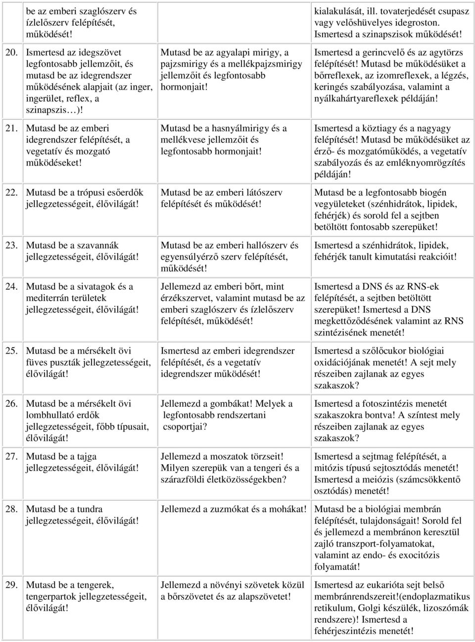 Mutasd be az emberi idegrendszer felépítését, a vegetatív és mozgató működéseket! 22. Mutasd be a trópusi esőerdők 23. Mutasd be a szavannák 24. Mutasd be a sivatagok és a mediterrán területek 25.