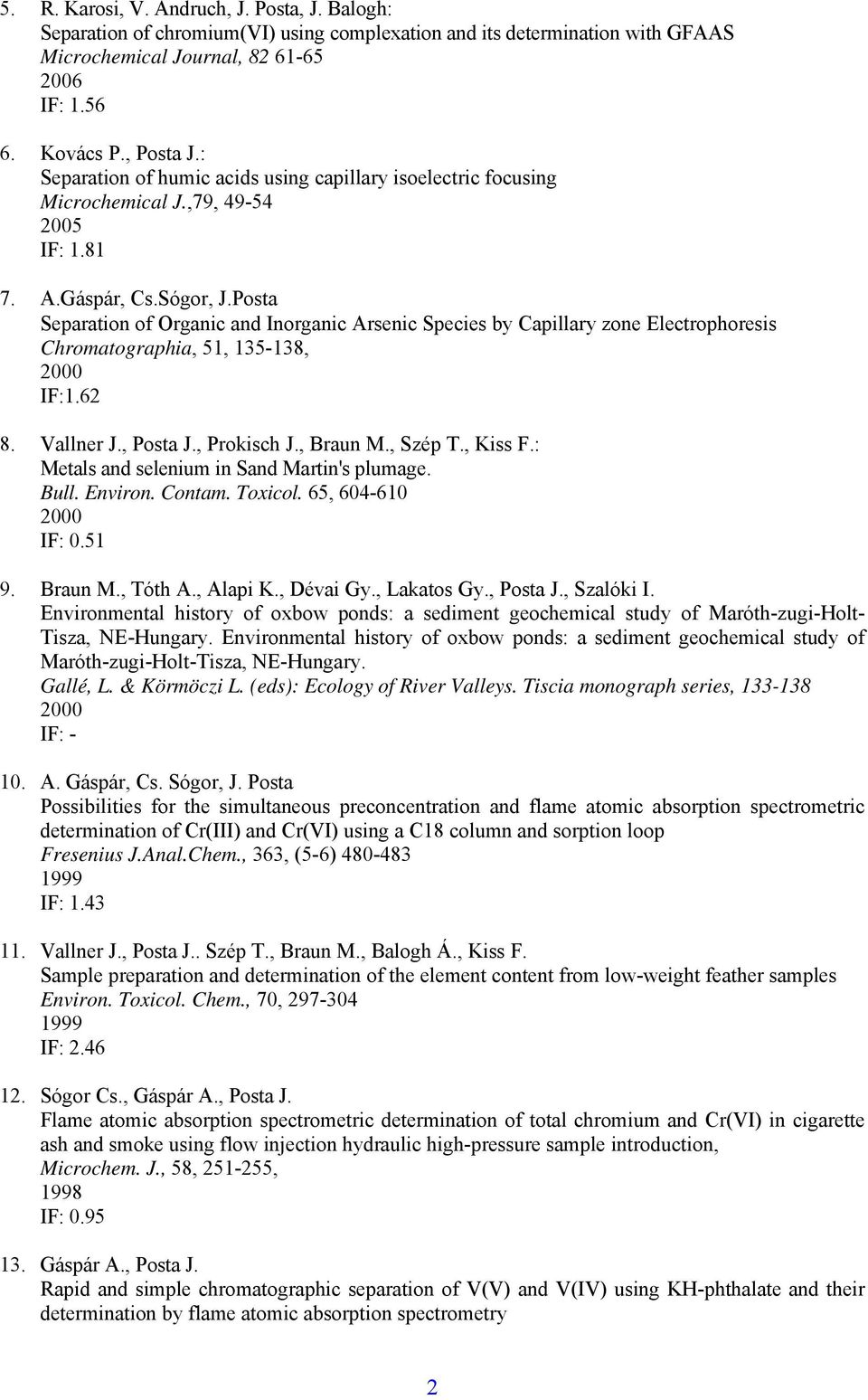 Posta Separation of Organic and Inorganic Arsenic Species by Capillary zone Electrophoresis Chromatographia, 51, 135-138, 2000 IF:1.62 8. Vallner J., Posta J., Prokisch J., Braun M., Szép T., Kiss F.