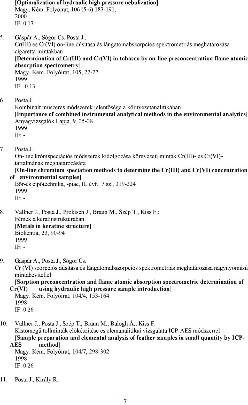 absorption spectrometry] Magy. Kém. Folyóirat, 105, 22-27 1999 IF: :0.13 6. Posta J.