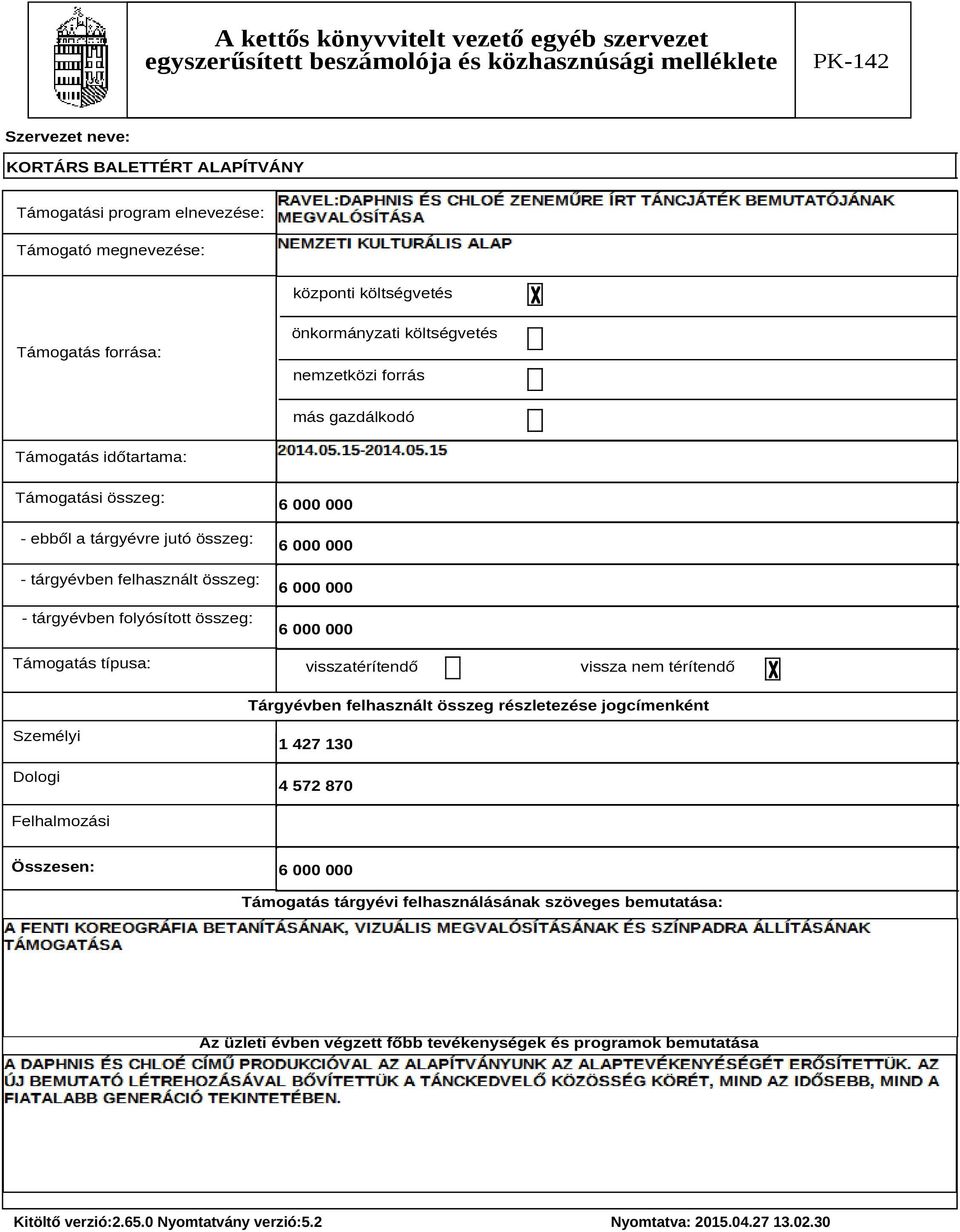 000 000 6 000 000 6 000 000 6 000 000 visszatérítendő vissza nem térítendő Tárgyévben felhasznált összeg részletezése jogcímenként Személyi Dologi 1 427 130 4