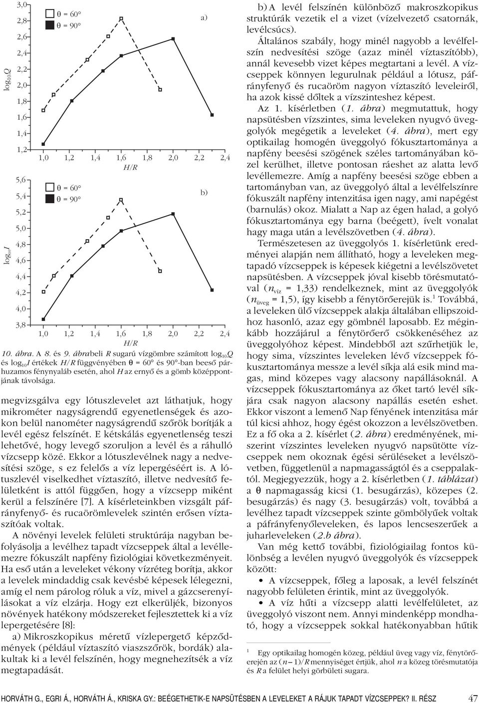 ábrabeli R sugarú vízgömbre számított log 10 Q és log 10 I értékek H/R függvényében θ =60 és 90 -ban beesô párhuzamos fénynyaláb esetén, ahol H az ernyô és a gömb középpontjának távolsága.