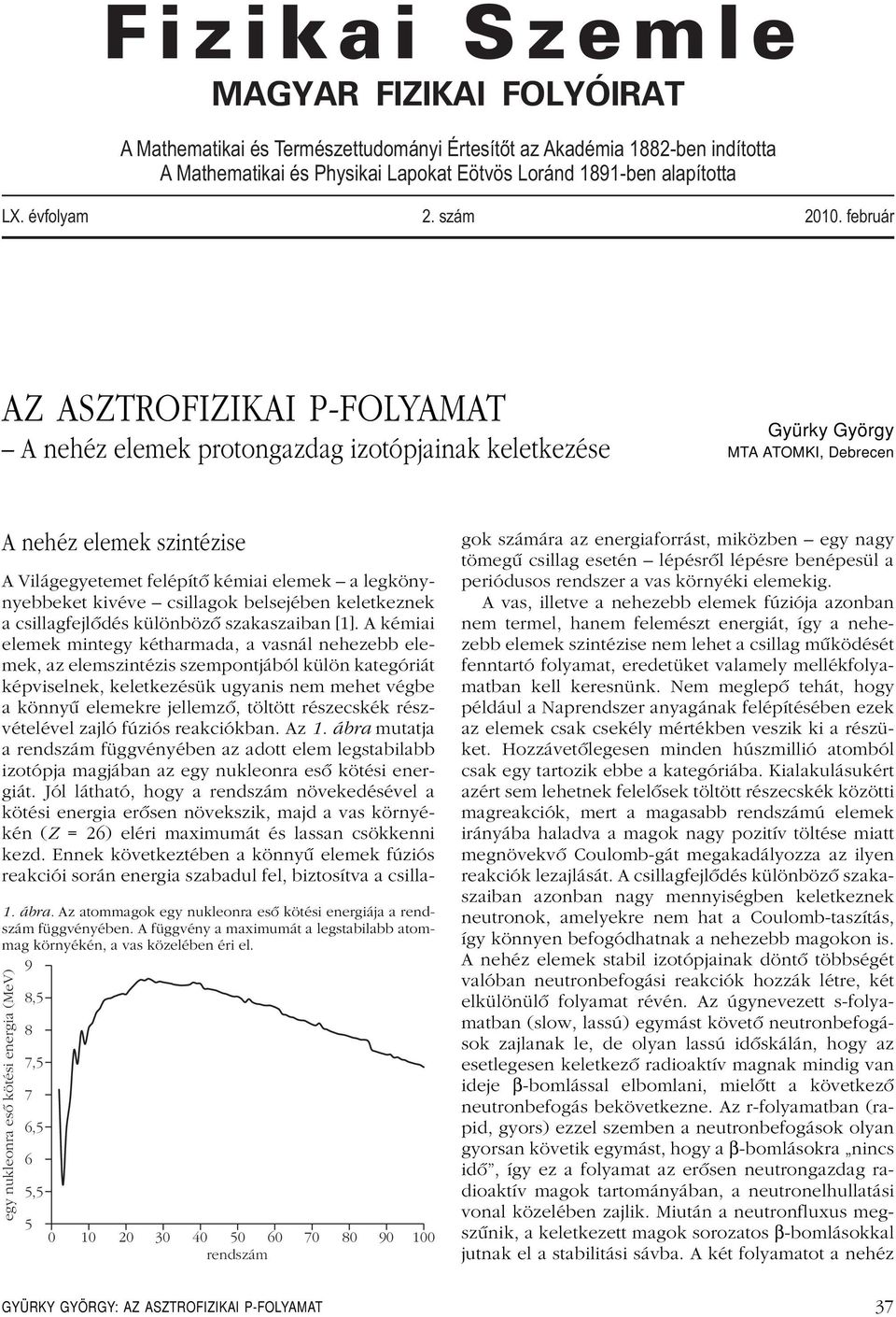 Az atommagok egy nukleonra esô kötési energiája a rendszám függvényében. A függvény a maximumát a legstabilabb atommag környékén, a vas közelében éri el.