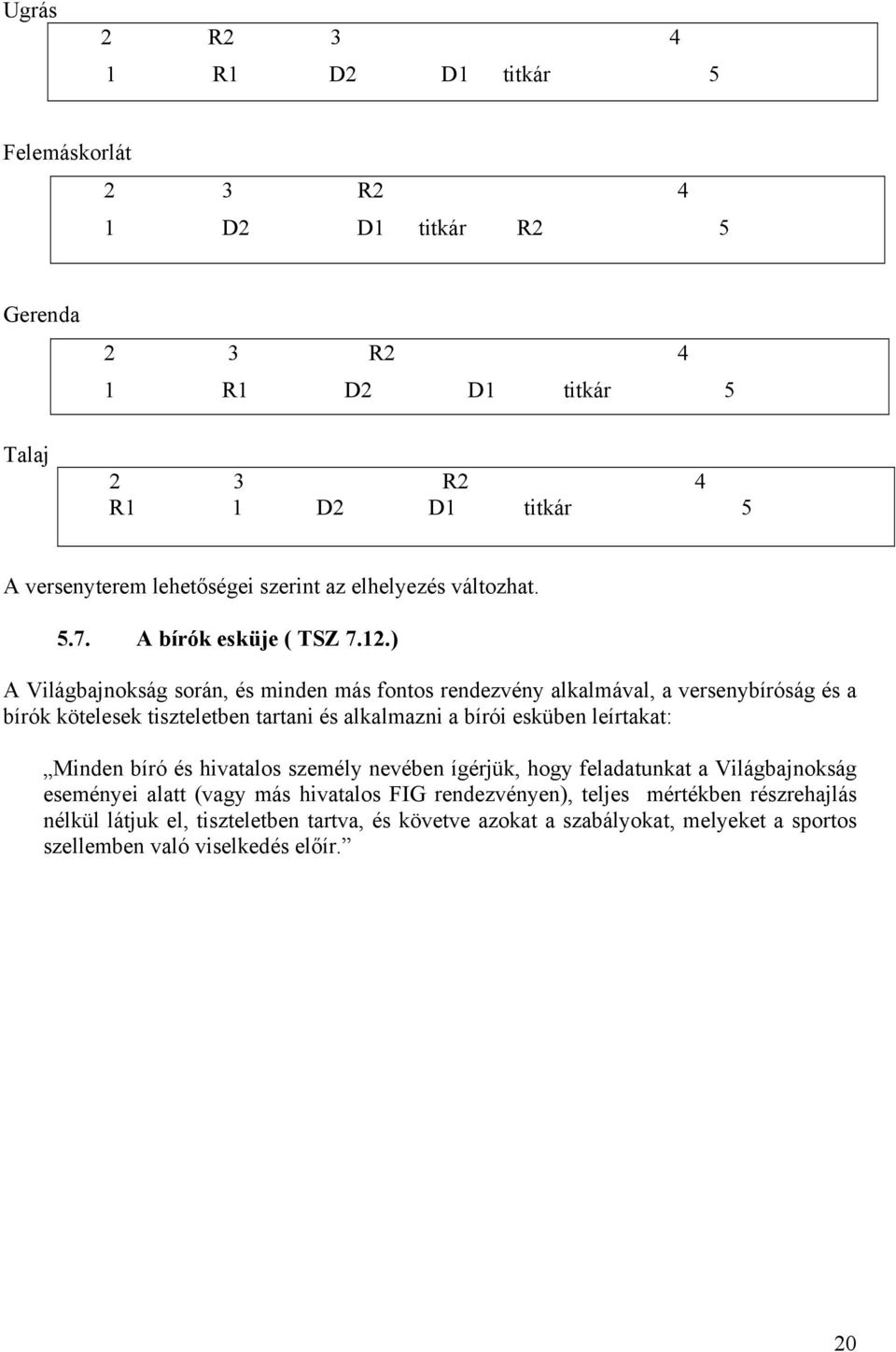 ) A Világbajnokság során, és minden más fontos rendezvény alkalmával, a versenybíróság és a bírók kötelesek tiszteletben tartani és alkalmazni a bírói esküben leírtakat: Minden