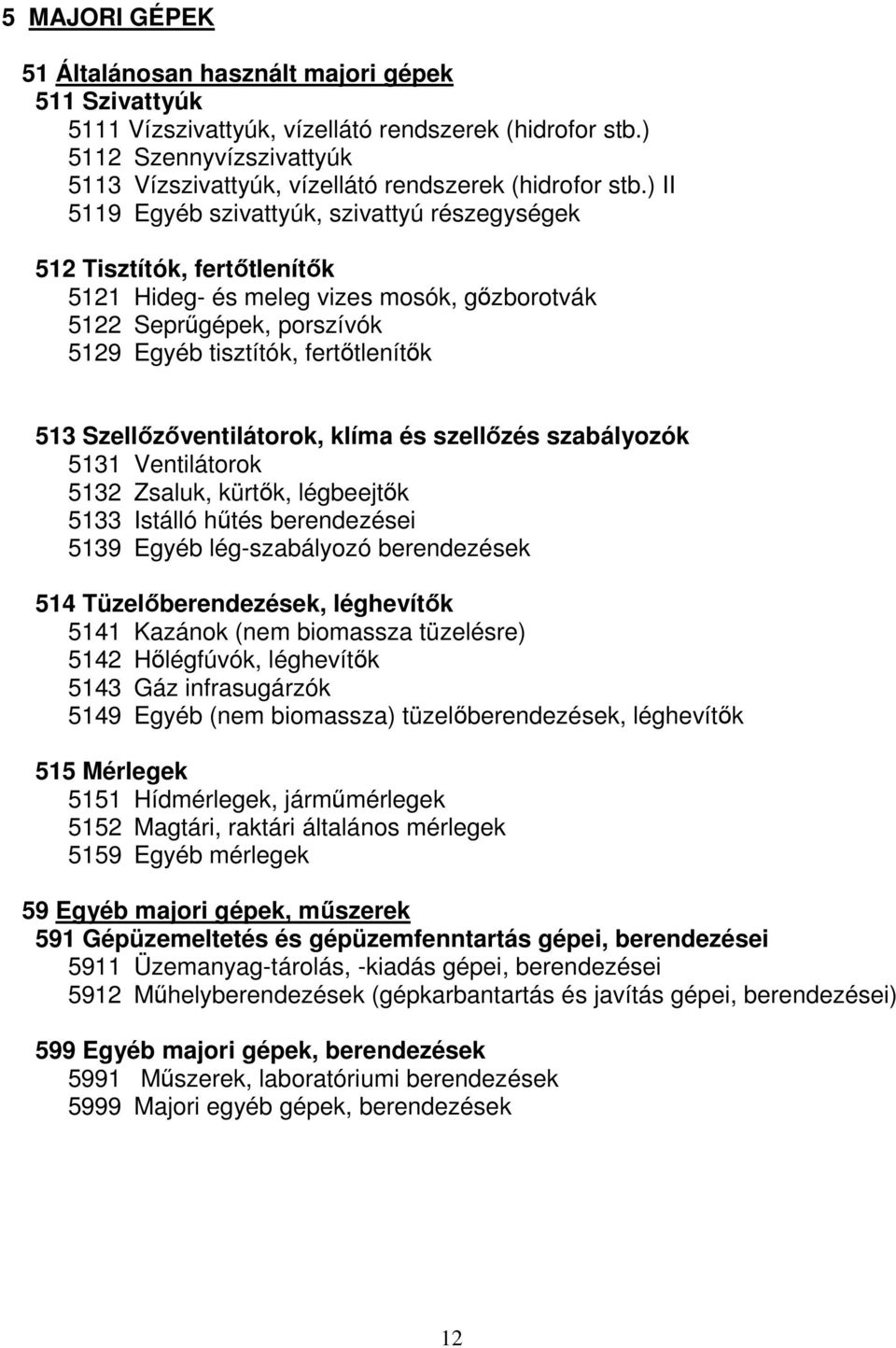 ) II 5119 Egyéb szivattyúk, szivattyú részegységek 512 Tisztítók, fertőtlenítők 5121 Hideg- és meleg vizes mosók, gőzborotvák 5122 Seprűgépek, porszívók 5129 Egyéb tisztítók, fertőtlenítők 513