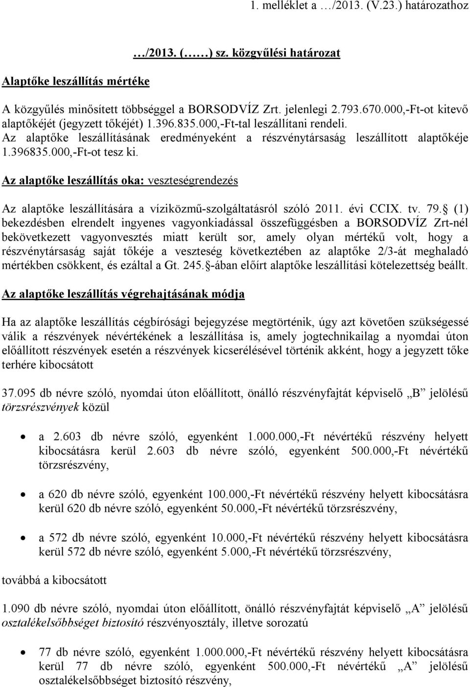 000,-Ft-ot tesz ki. Az alaptőke leszállítás oka: veszteségrendezés Az alaptőke leszállítására a víziközmű-szolgáltatásról szóló 2011. évi CCIX. tv. 79.