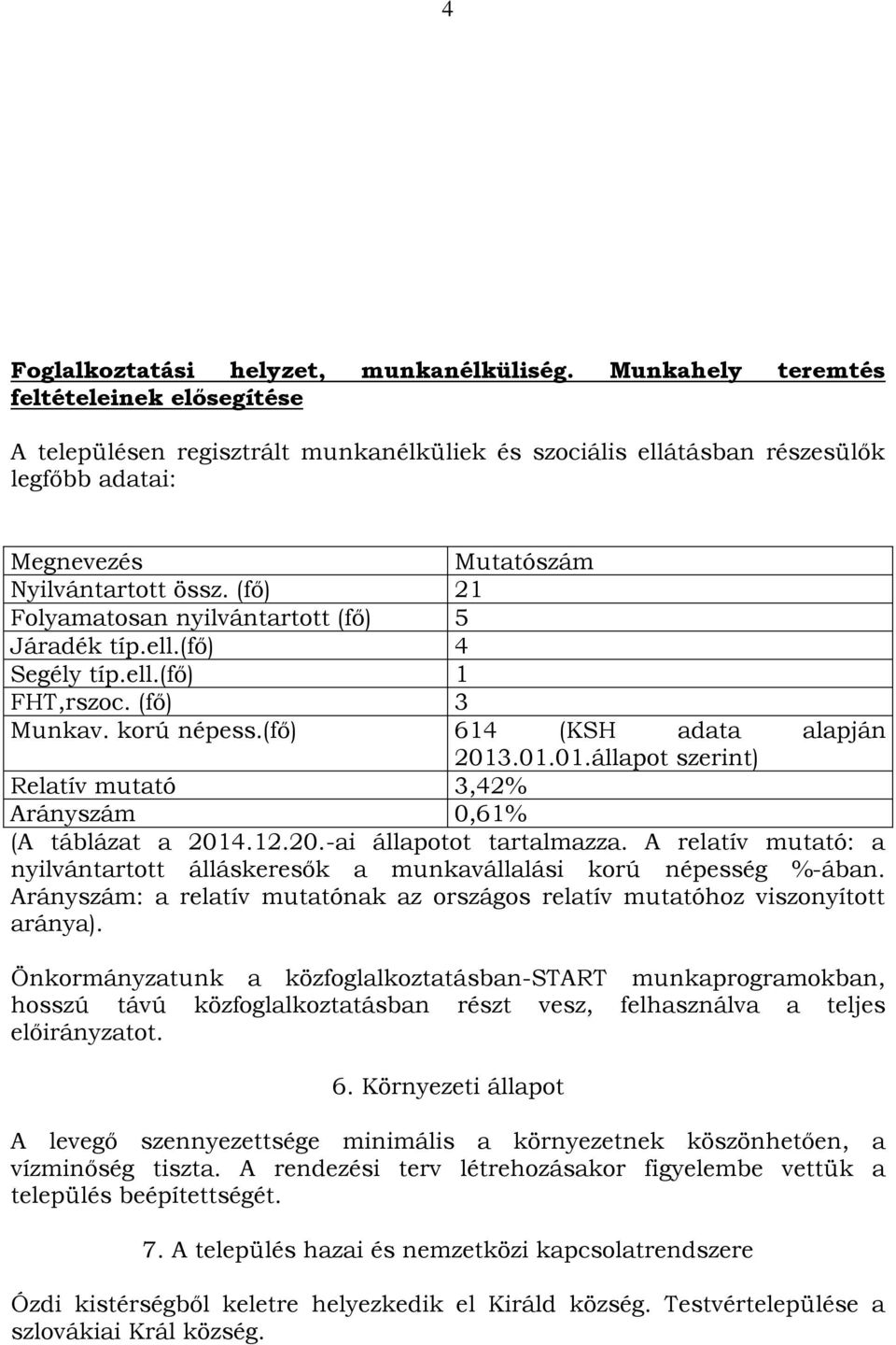 (fő) 21 Folyamatosan nyilvántartott (fő) 5 Járadék típ.ell.(fő) 4 Segély típ.ell.(fő) 1 FHT,rszoc. (fő) 3 Munkav. korú népess.(fő) 614 (KSH adata alapján 2013