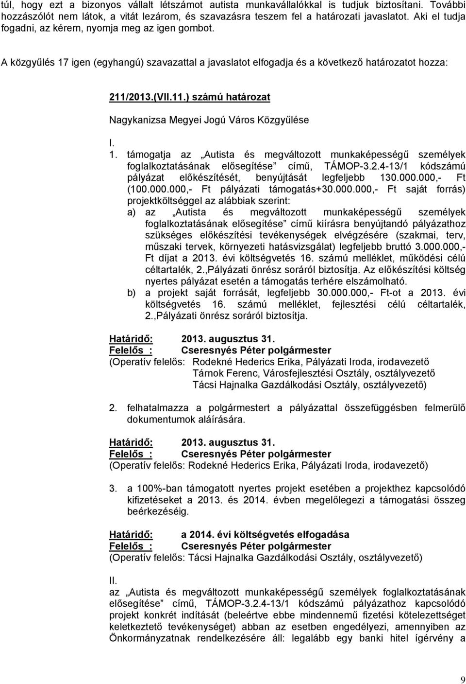 2013.(VII.11.) számú határozat Nagykanizsa Megyei Jogú Város Közgyűlése I. 1. támogatja az Autista és megváltozott munkaképességű személyek foglalkoztatásának elősegítése című, TÁMOP-3.2.4-13/1 kódszámú pályázat előkészítését, benyújtását legfeljebb 130.