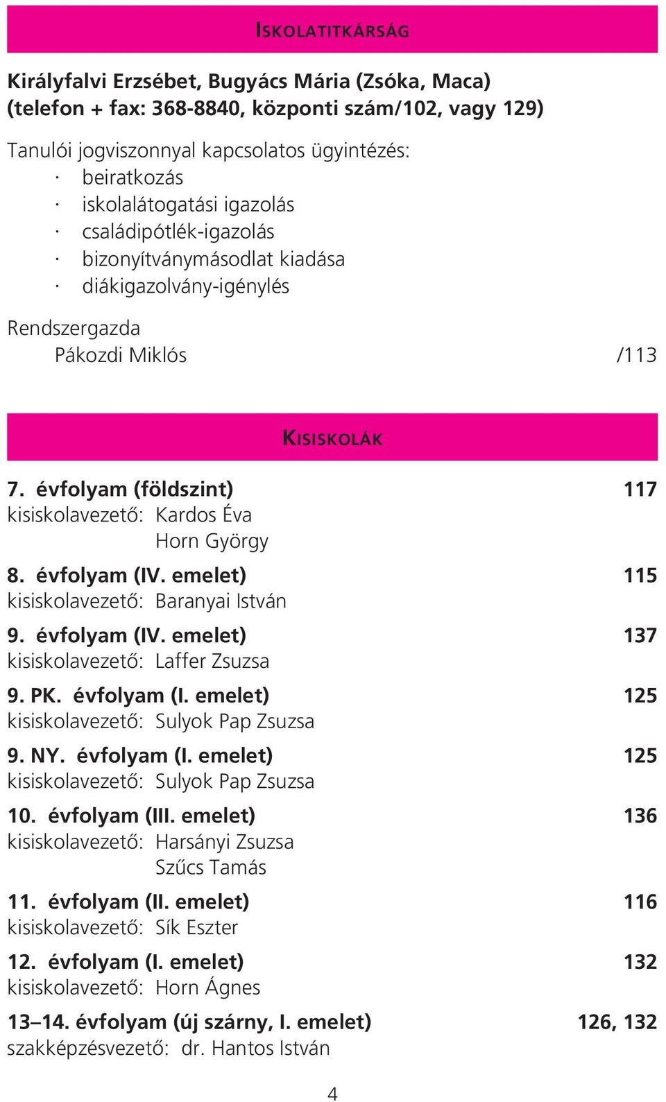 évfolyam (IV. emelet) 115 kisiskolavezetô: Baranyai István 9. évfolyam (IV. emelet) 137 kisiskolavezetô: Laffer Zsuzsa 9. PK. évfolyam (I. emelet) 125 kisiskolavezetô: Sulyok Pap Zsuzsa 9. NY.