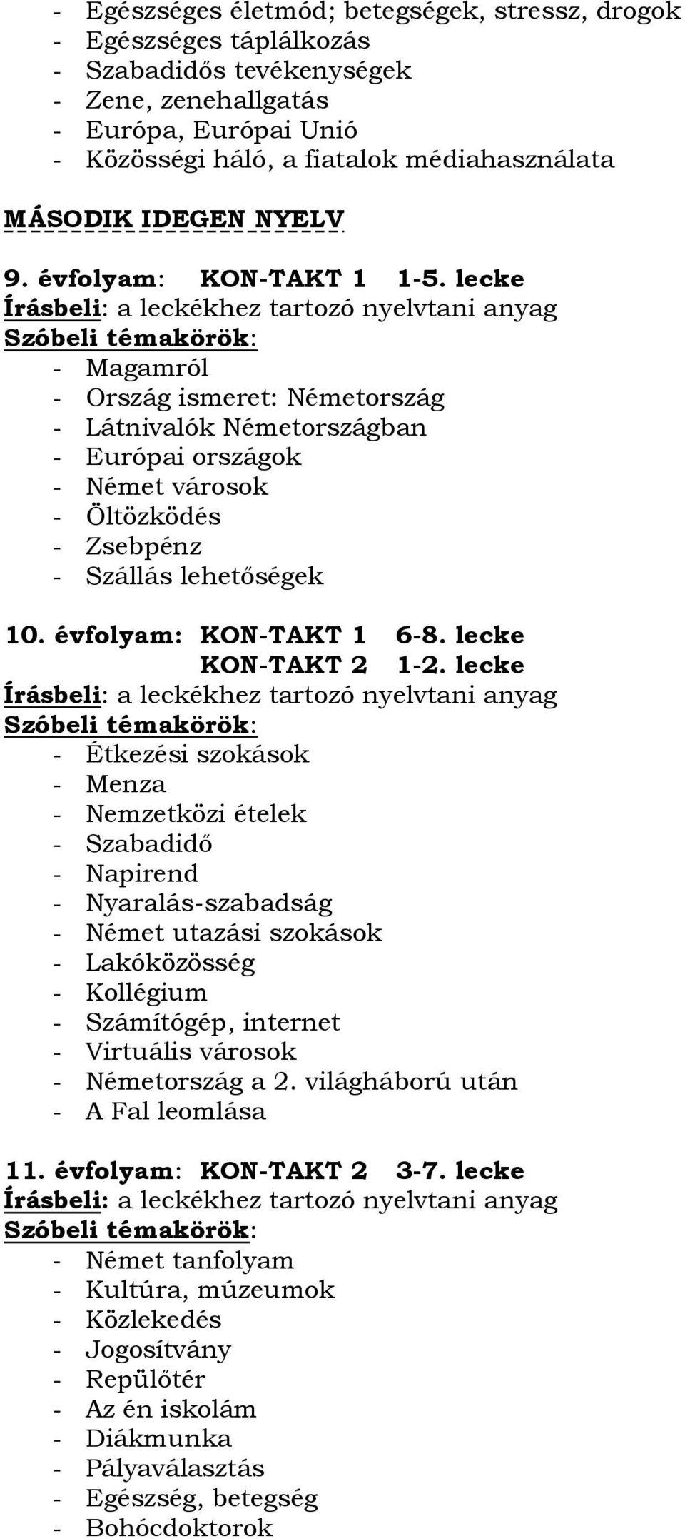 lecke Írásbeli: a leckékhez tartozó nyelvtani anyag - Magamról - Ország ismeret: Németország - Látnivalók Németországban - Európai országok - Német városok - Öltözködés - Zsebpénz - Szállás