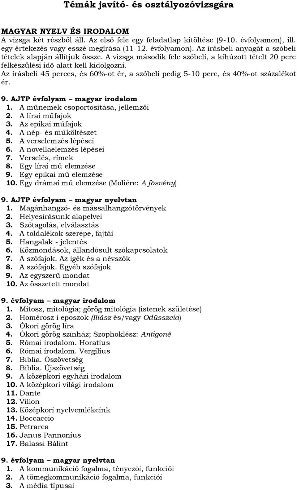 Az írásbeli 45 perces, és 60%-ot ér, a szóbeli pedig 5-10 perc, és 40%-ot százalékot ér. 9. AJTP évfolyam magyar irodalom 1. A műnemek csoportosítása, jellemzői 2. A lírai műfajok 3.