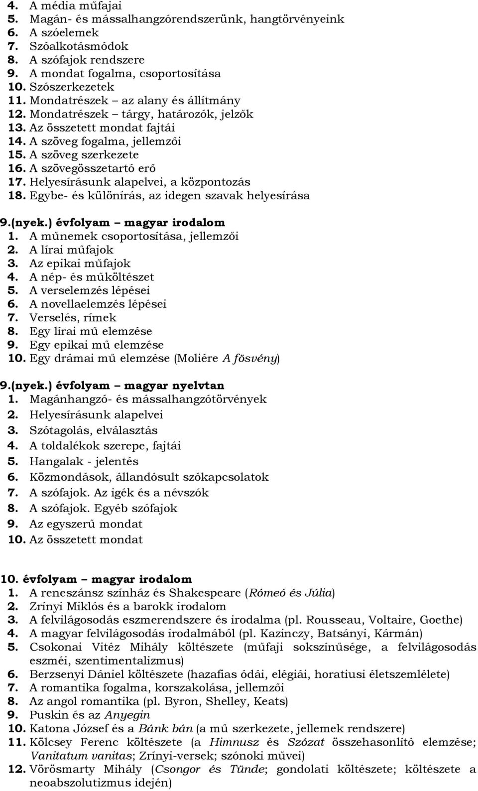 Helyesírásunk alapelvei, a központozás 18. Egybe- és különírás, az idegen szavak helyesírása 9.(nyek.) évfolyam magyar irodalom 1. A műnemek csoportosítása, jellemzői 2. A lírai műfajok 3.