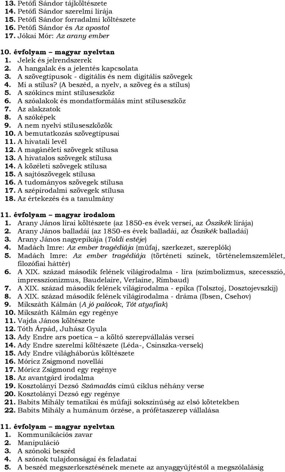 A szókincs mint stíluseszköz 6. A szóalakok és mondatformálás mint stíluseszköz 7. Az alakzatok 8. A szóképek 9. A nem nyelvi stíluseszközök 10. A bemutatkozás szövegtípusai 11. A hivatali levél 12.